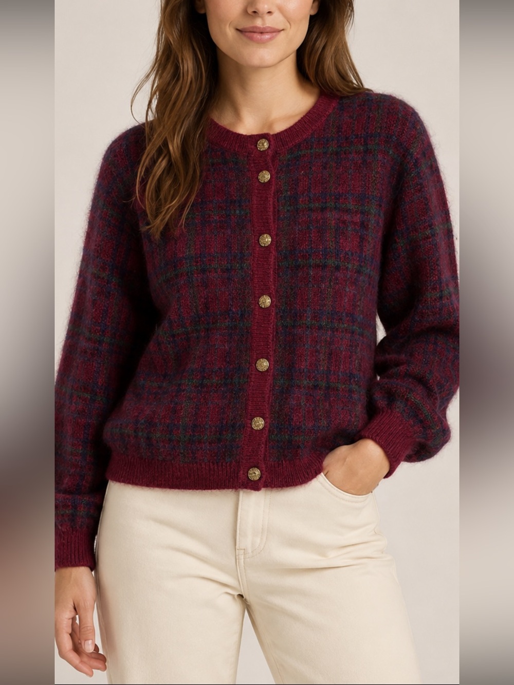 Edinburgh Women’s Mohair Blend Plaid Cardigan Gold Button Vintage British Isles